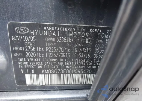 2006 Hyundai Santa Fe Gls/Limited from USA, damaged, VIN KM8SC73E86U095470
